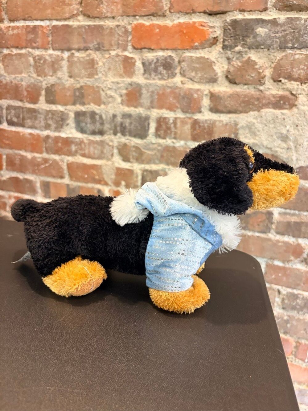 Dachshund Dog Black/Brown Blue Fur-Lined Hood 12” Plushie Aurora